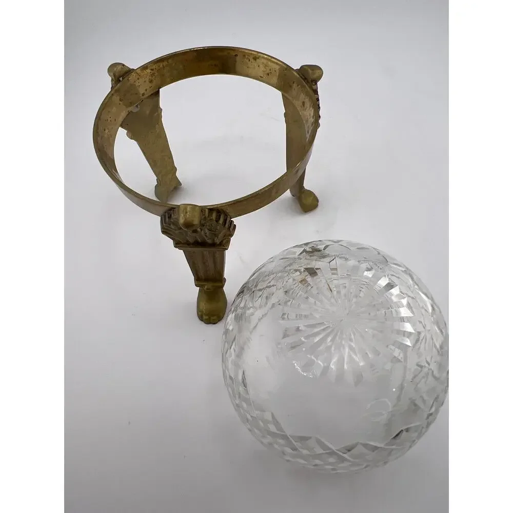Cut Crystal Ball‎ Candle Holder Brass Small Votive Vintage Maximalist Decor
